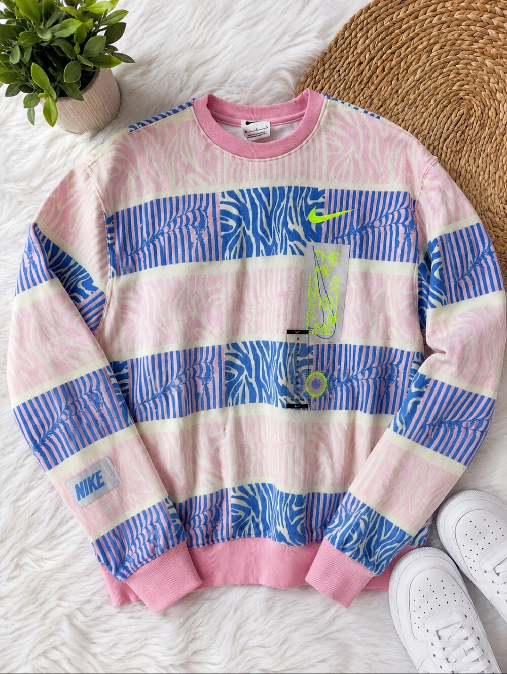 New Nike Pink, Blue & Neon Green Zebra Stripe Crewneck
